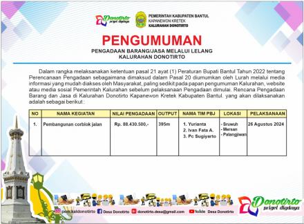 PENGUMUMAN PENGADAAN BARANG DAN JASA MELALUI LELANG KALURAHAN DONOTIRTO